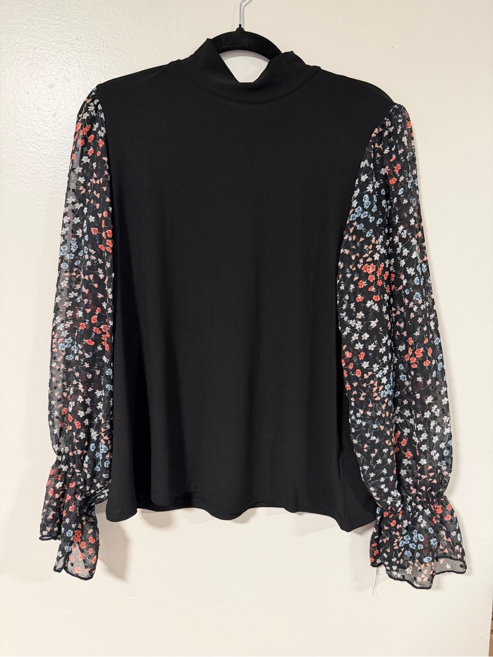 CeCe Black Top with Floral Sheer Balloon Sleeves